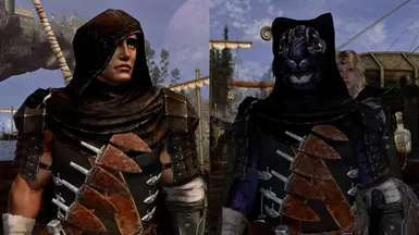 Heavy (default) variant of the Black Swordsman Hood, with Khajiit-specific meshes on Inigo