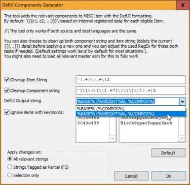 DefUI Output String -> %BASE% (%WEIGHT%lb, %COMPOS%)