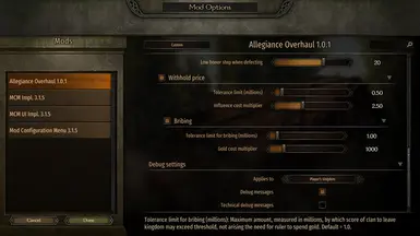 Mod options overview