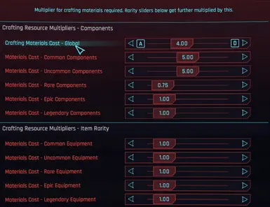 Options - Crafting Cost Multipliers