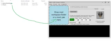 Abra o programa BG3-Modders-Multitool e arrasta o .pak até onde a seta indica. 