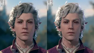 Matching Lashes and Dark Red Scleras Version Comparisons (both versions work in the full release, but V1 was made during early access, and the way the game processes hair colour seems to have changed since then, so V1 looks darker than it did previously.)