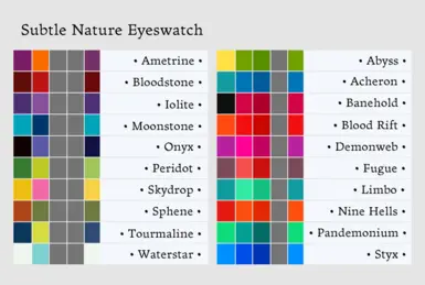 Githyanki and Tiefling palettes. From left to right: primary iris color, secondary iris color, glow color (for Tieflings), CC swatch.