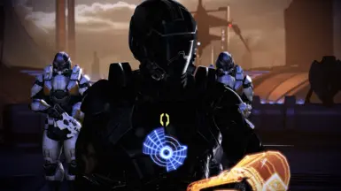 Kai Leng with a black armor on Thessia with soldiers as backup.