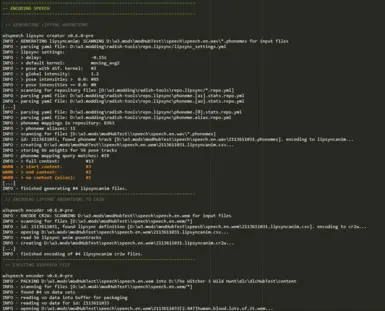 w3speech tools: example log output for lipsync generation and w3speech packing (shortened)