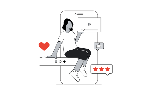 A black and white illustration of a YouTube creator, framed by a mobile phone screen, sits on a viewer comment bar while holding a video watch window and surrounded by fan reactions like red hearts, star ratings, and thumbs up.