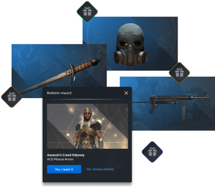 Types de récompenses Ubisoft+ telles qu'un skin Pharaon pour Assassin's Creed Odyssey et une arme dans For Honor