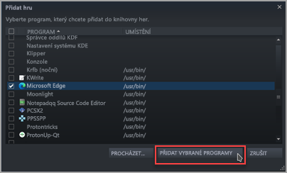 Vyhledání a kontrola prohlížeče Microsoft Edge v seznamu Přidat hru ve službě Steam.