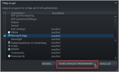 Søgning efter og kontrol af Microsoft Edge på listen Steam Add A Game.