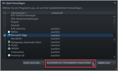 Suchen und Überprüfen von Microsoft Edge in der Steam-Liste „Ein Spiel hinzufügen“.