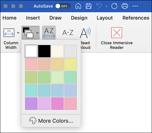 Page Color Options shown for Immersive Reader in Word for the Mac