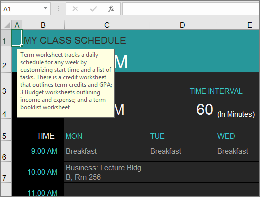 New College Course Manager Excel template with descriptions for elements.