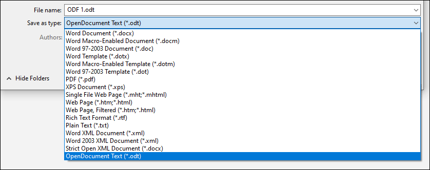 List of file formats from Word with ODT file format highlighted