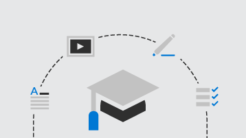 Illustration of a graduation cap icon connected to text, video, writing, and checklist icons, representing educational resources