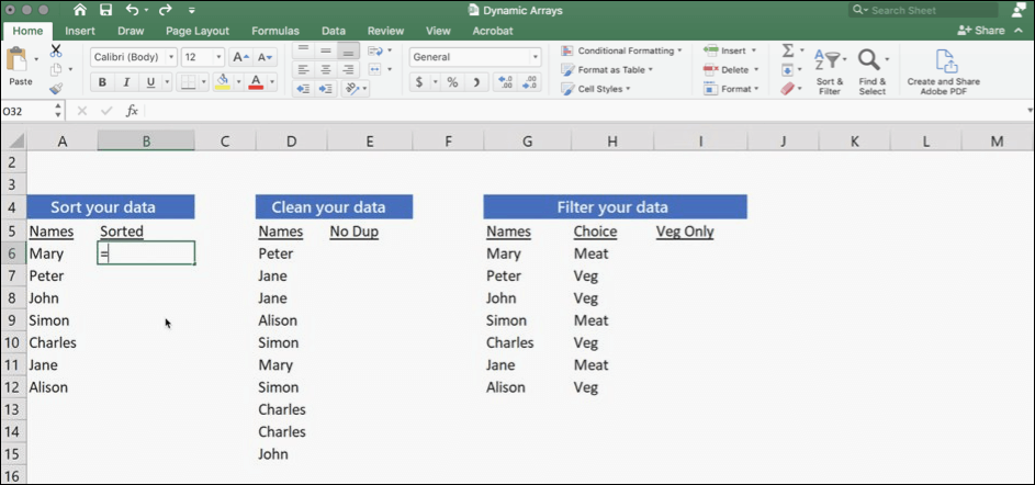 Screenshot of Excel with data using dynamic arrays