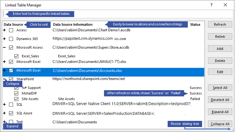 Linked Table Manager dialog box