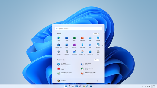 Windows 11 sülearvuti, kus on avatud menüü Start