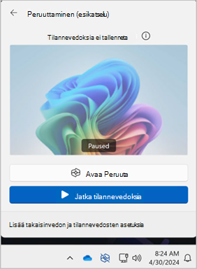 Näyttökuva peruutuksen jatkamisvedoksen vaihtoehdosta.