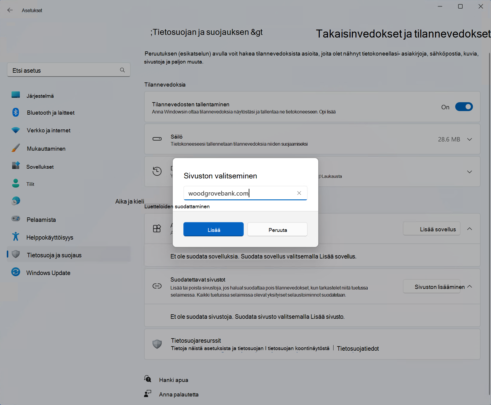 Näyttökuva sivuston lisäämisestä suodatinluetteloon Windowsin asetusten Peruuta & snaphots -sivulla