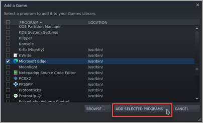 Menemukan dan memeriksa Microsoft Edge di daftar Tambahkan Game Steam.