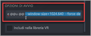 Dove aggiungere gli argomenti aggiuntivi alle opzioni di avvio nel collegamento Microsoft Edge Beta in Steam.