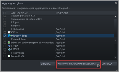 Ricerca e controllo di Microsoft Edge nell'elenco Aggiungi un gioco di Steam.