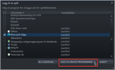 Finne og sjekke Microsoft Edge i listen Legg til et spill i Steam.