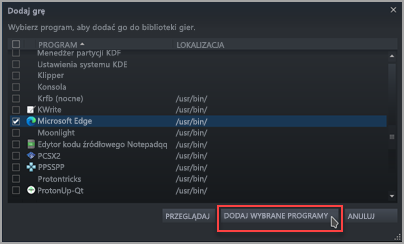 Znajdowanie i sprawdzanie przeglądarki Microsoft Edge na liście Dodaj grę w usłudze Steam.