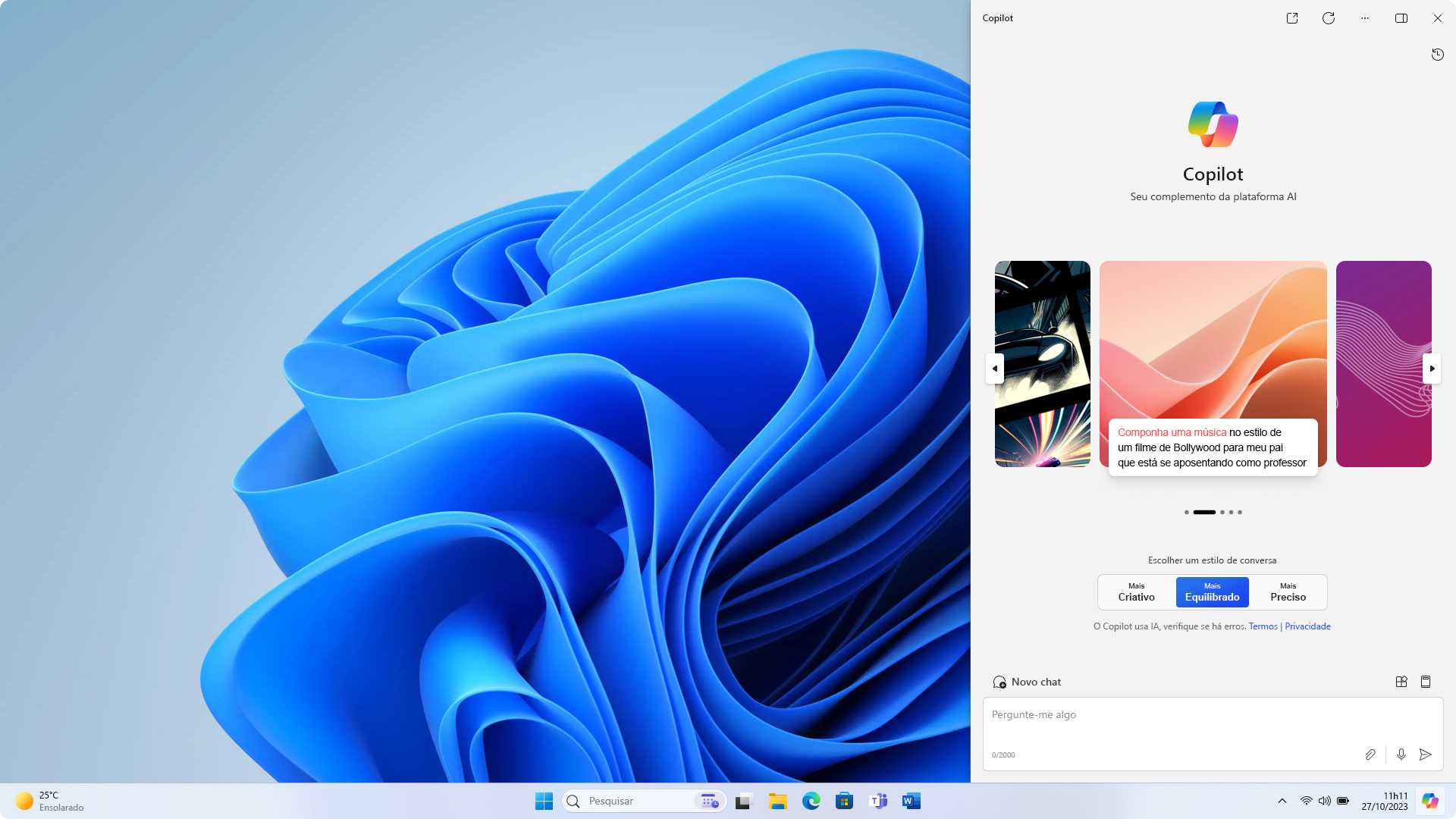 Captura de tela da área de trabalho do Windows usando o tema claro exibindo o aplicativo Copilot no Windows, que usa o mesmo tema.