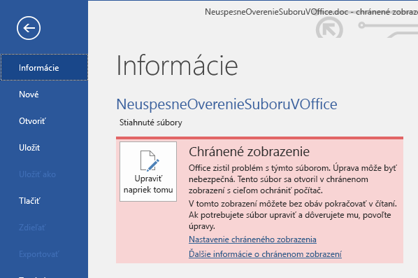 Zobrazenie Backstage pri zlyhaní zistenom pri overovaní súborov balíka Office