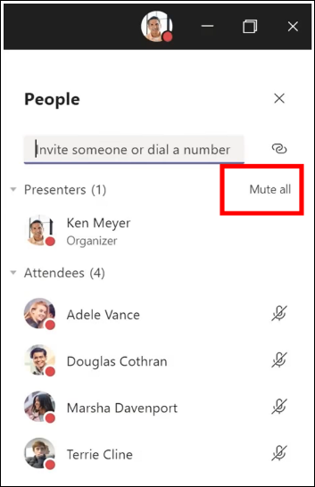 Du kan stänga av alla deltagare i ett möte.