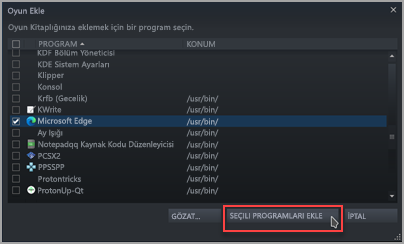 Steam Oyun Ekle listesinde Microsoft Edge tarayıcısını bulma ve denetleme.