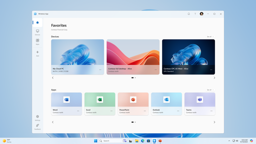 Windows App helps you manage your connected cloud PCs, virtual desktops, and local PCs from a single, streamlined interface.