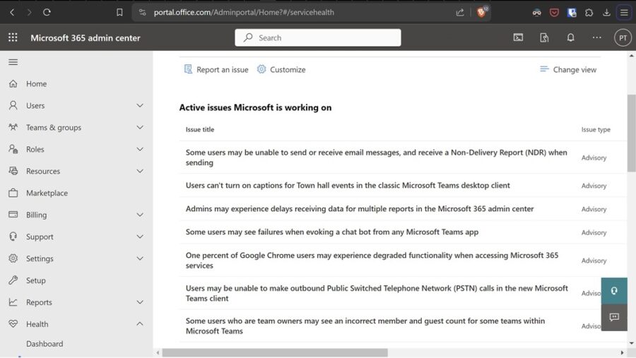 Microsoft 365 admin console with Teams features outages