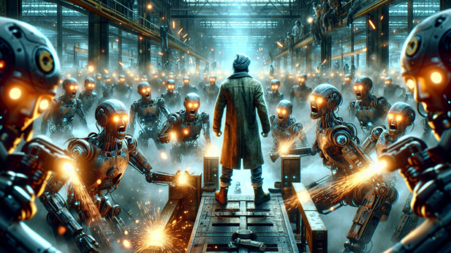 Angry robots surround a man