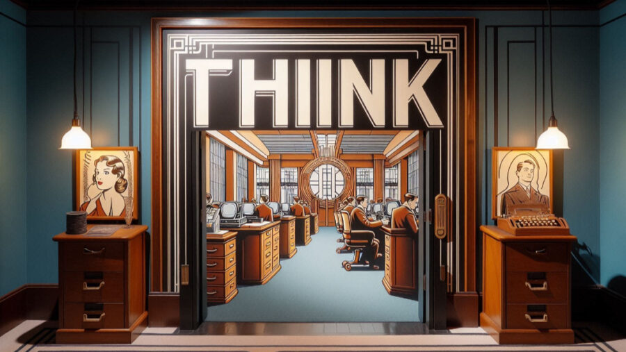 THINK sign over a doorway in an office