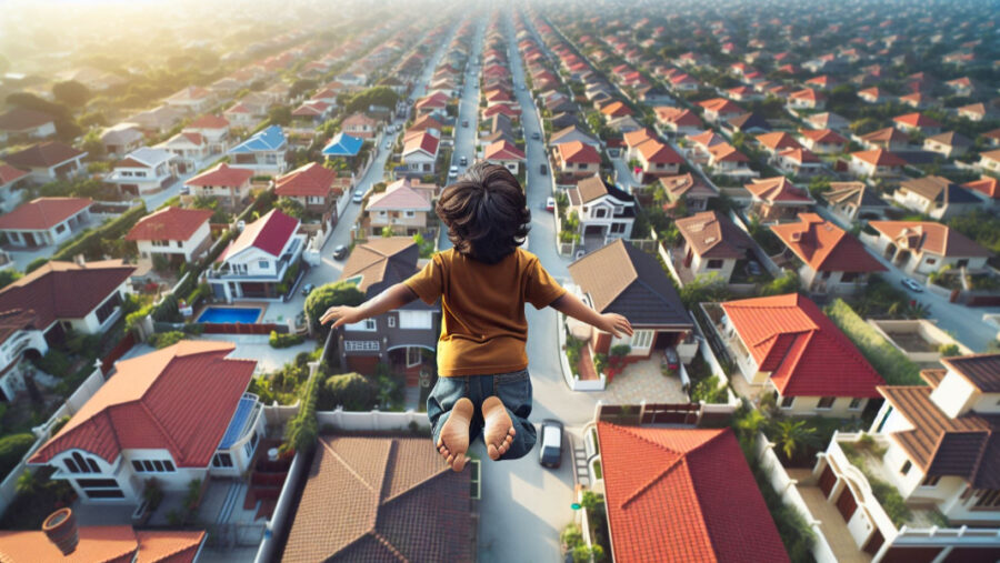 Boy flying above the neighborhood