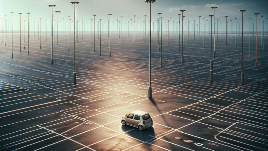 A small car parked by itself in a giant empty parking lot with a few light poles