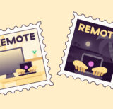 Illustration of 2 stamps that says "Remote". The stamps showcase remote working places.