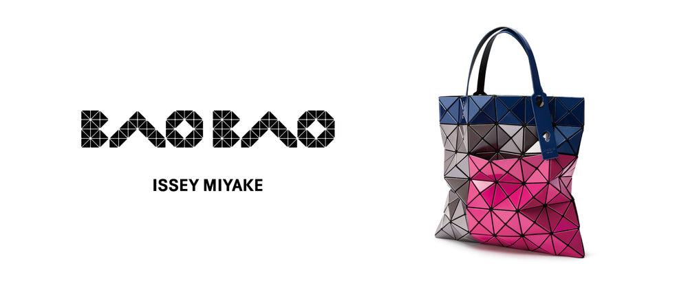 Left: BAO BAO ISSEY MIYAKE logo in black. Right: TRES Tote in Pink Mix. White background.