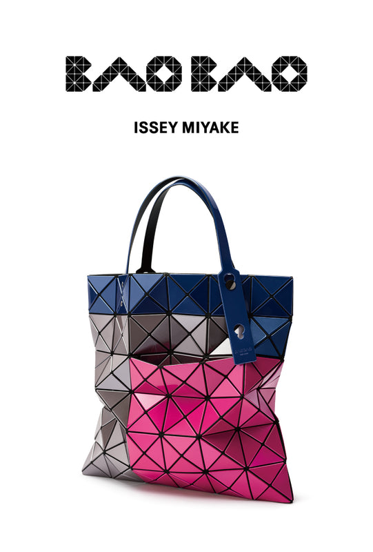 Top: BAO BAO ISSEY MIYAKE logo in black. Bottom: TRES Tote in Pink Mix. White background. White background.