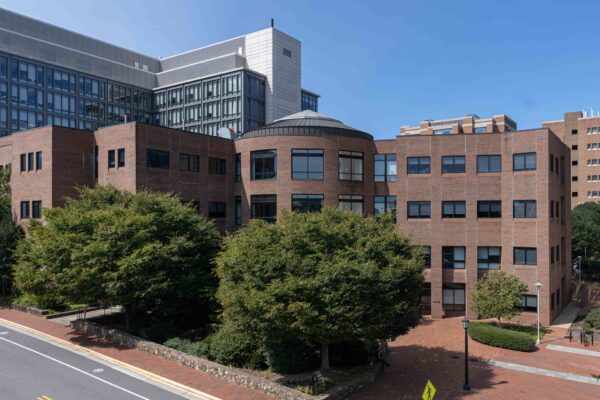 Exteriors of the UNC Lineberger and Marsico Hall buildings.