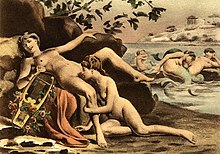 A painting of a nude woman, lying on a rock, and holding a lyre, while a second woman, kneeling, performs cunnilingus on her. In the background, one mermaid performs cunnilingus on another, and a different pair of mermaids kiss. A Greek temple is visible behind them.