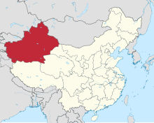 Landakort sem sýnir legu sjálfstjórnarhéraðsins Xinjiang í norðvesturhluta Kína.