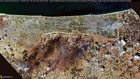 Imatge satèl·lit dels incendis a Israel i Gaza el dia 7 d'octubre de 2023. Dades de Copernicus Sentinel, processades per Pierre Markuse.