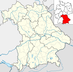 Mapa konturowa Bawarii, na dole znajduje się punkt z opisem „Kościół św. Michała w Monachium”