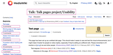 A screenshot of a talk page with the following new design elements highlighted: the number of comments within each talk page section, when the latest comment was published and the title of the section it was published within, and the addition of a space in the page's title