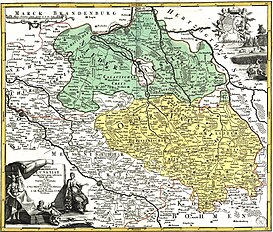 Mapa del siglo XVIII con la Baja Lusacia (en verde) y la Alta Lusacia (en amarillo).