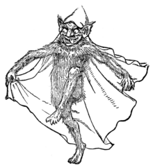 An illustration of a small, hairy mischievous-looking humanoid creature with large, bat-like ears wearing a hooded cloak.