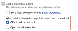 A screenshot showing the new setting introduced that enables people who have the New Topic Tool enabled to decide what they see when they navigate to a talk page that has not yet been created.